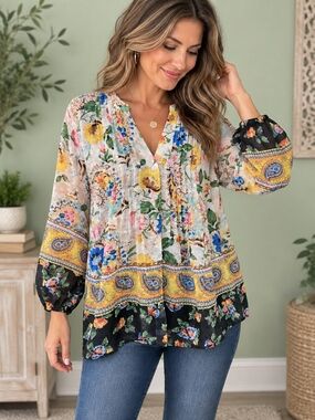 Fig & Flower Women’s Small Sheer Floral Paisley Blouse Button Front Boho Tunic
